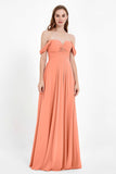 Off the Shoulder Chiffon Empire Bridesmaid Dress Pleated Ruched Long Formal Evening Gowns