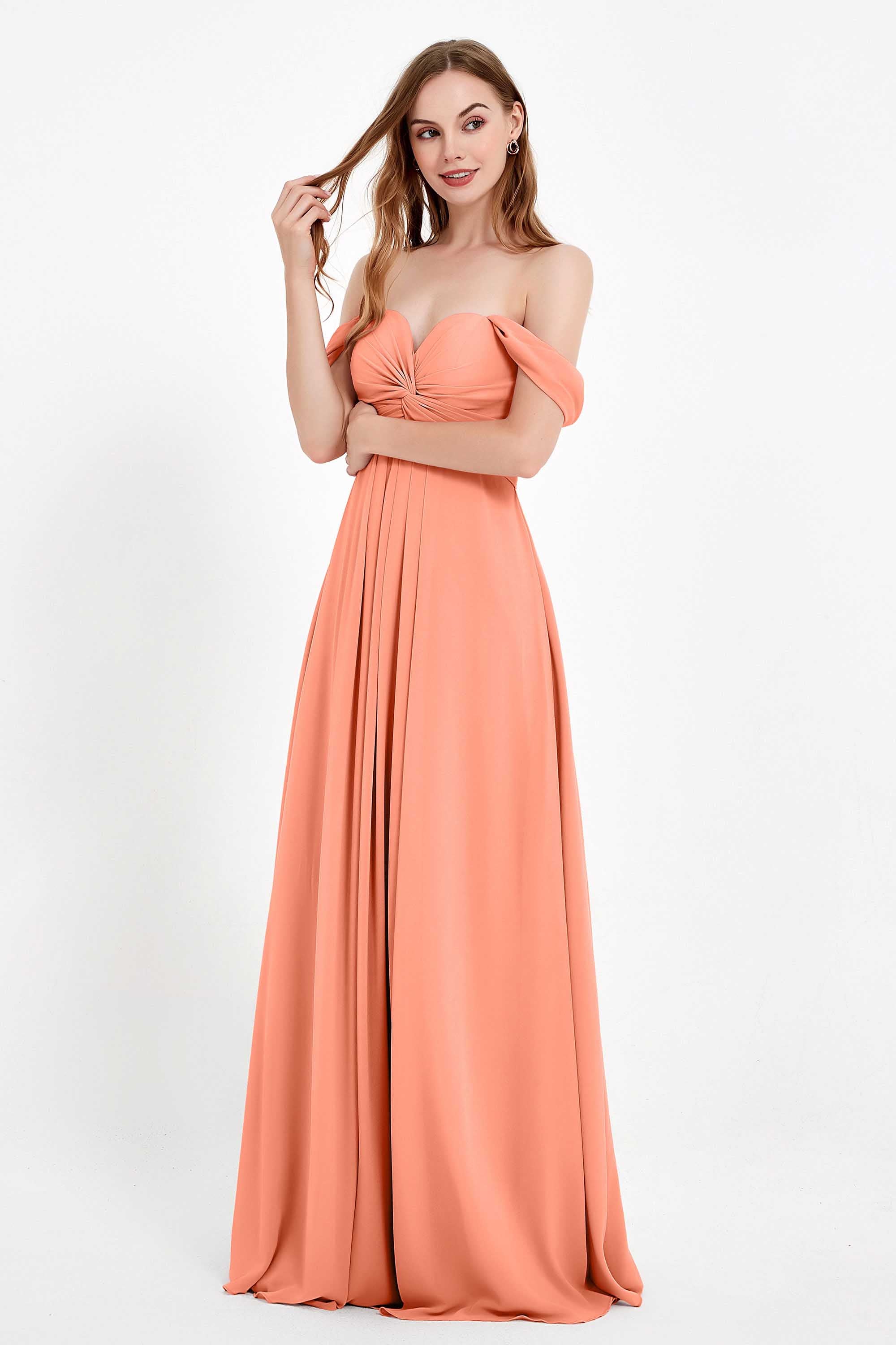 Off the Shoulder Chiffon Empire Bridesmaid Dress Pleated Ruched Long Formal Evening Gowns