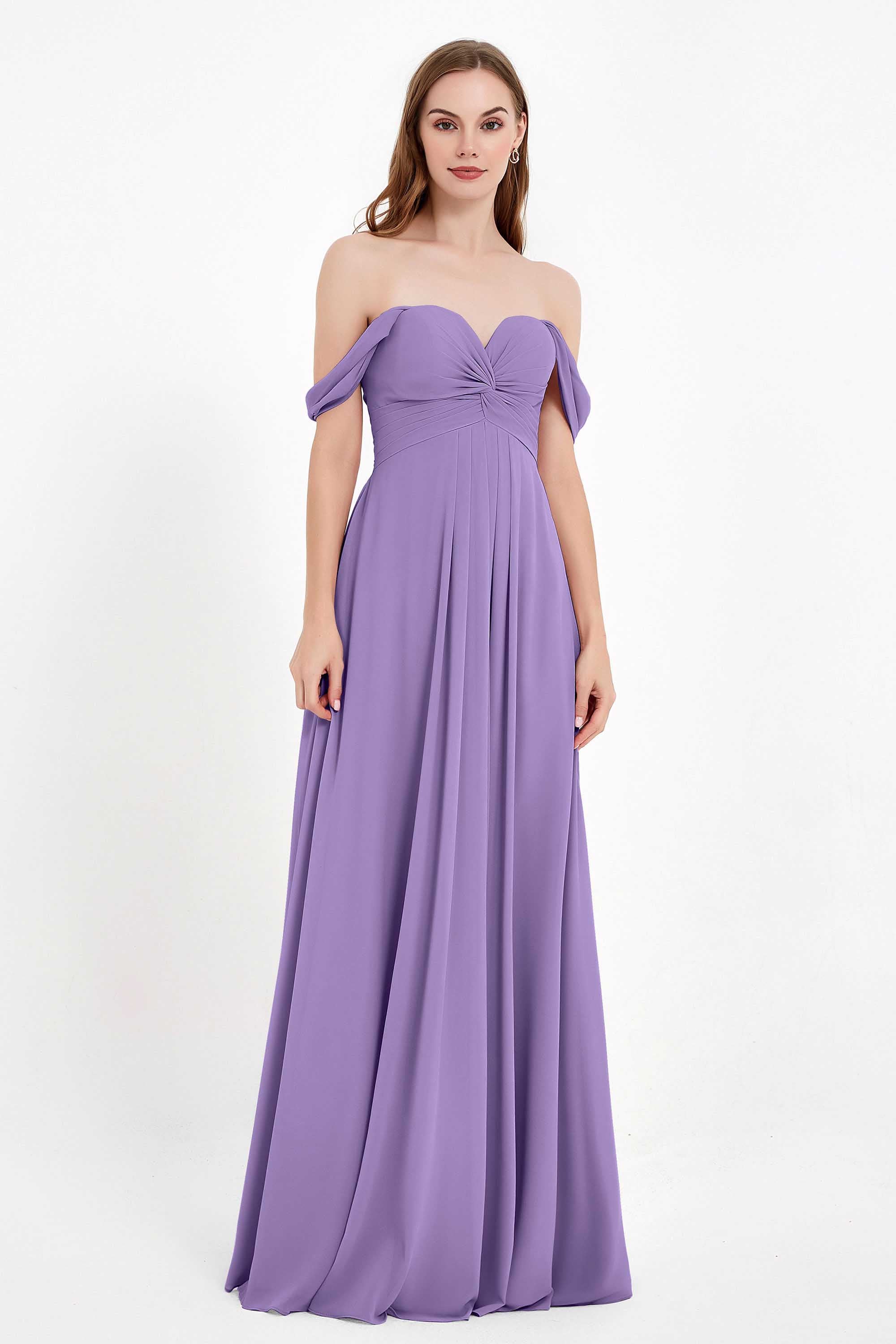 Off the Shoulder Chiffon Empire Bridesmaid Dress Pleated Ruched Long Formal Evening Gowns