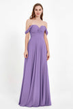 Off the Shoulder Chiffon Empire Bridesmaid Dress Pleated Ruched Long Formal Evening Gowns