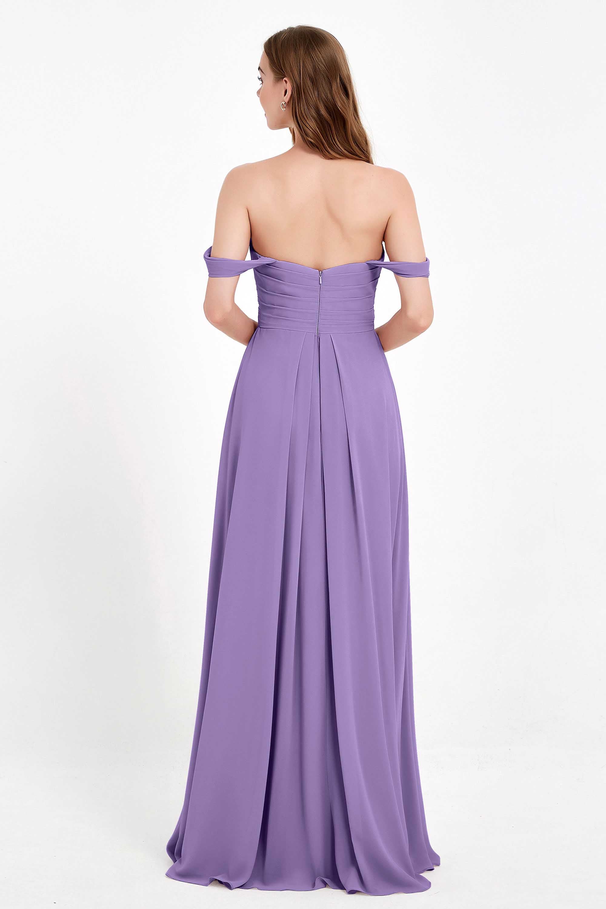 Off the Shoulder Chiffon Empire Bridesmaid Dress Pleated Ruched Long Formal Evening Gowns