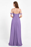 Off the Shoulder Chiffon Empire Bridesmaid Dress Pleated Ruched Long Formal Evening Gowns