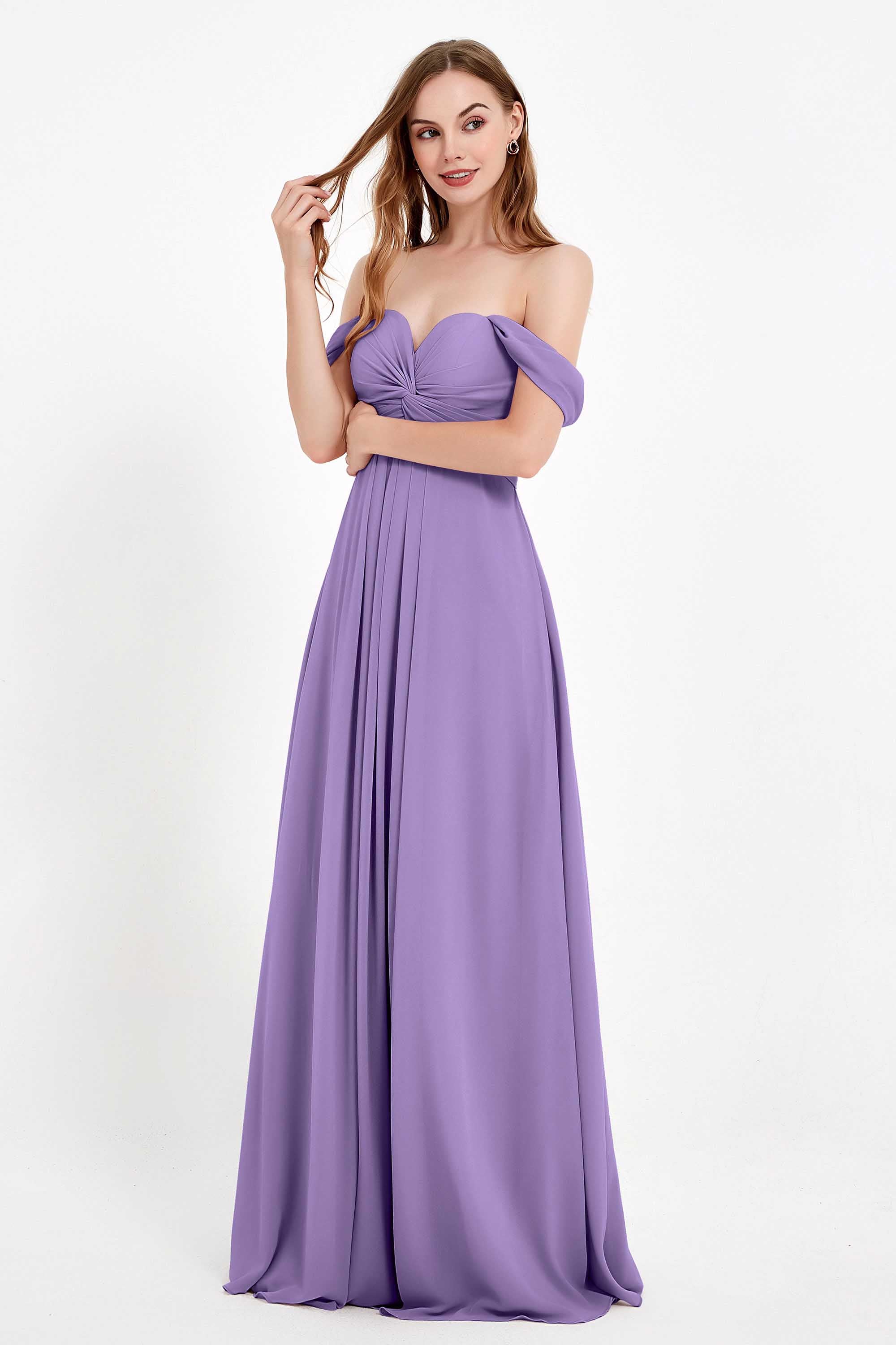 Off the Shoulder Chiffon Empire Bridesmaid Dress Pleated Ruched Long Formal Evening Gowns