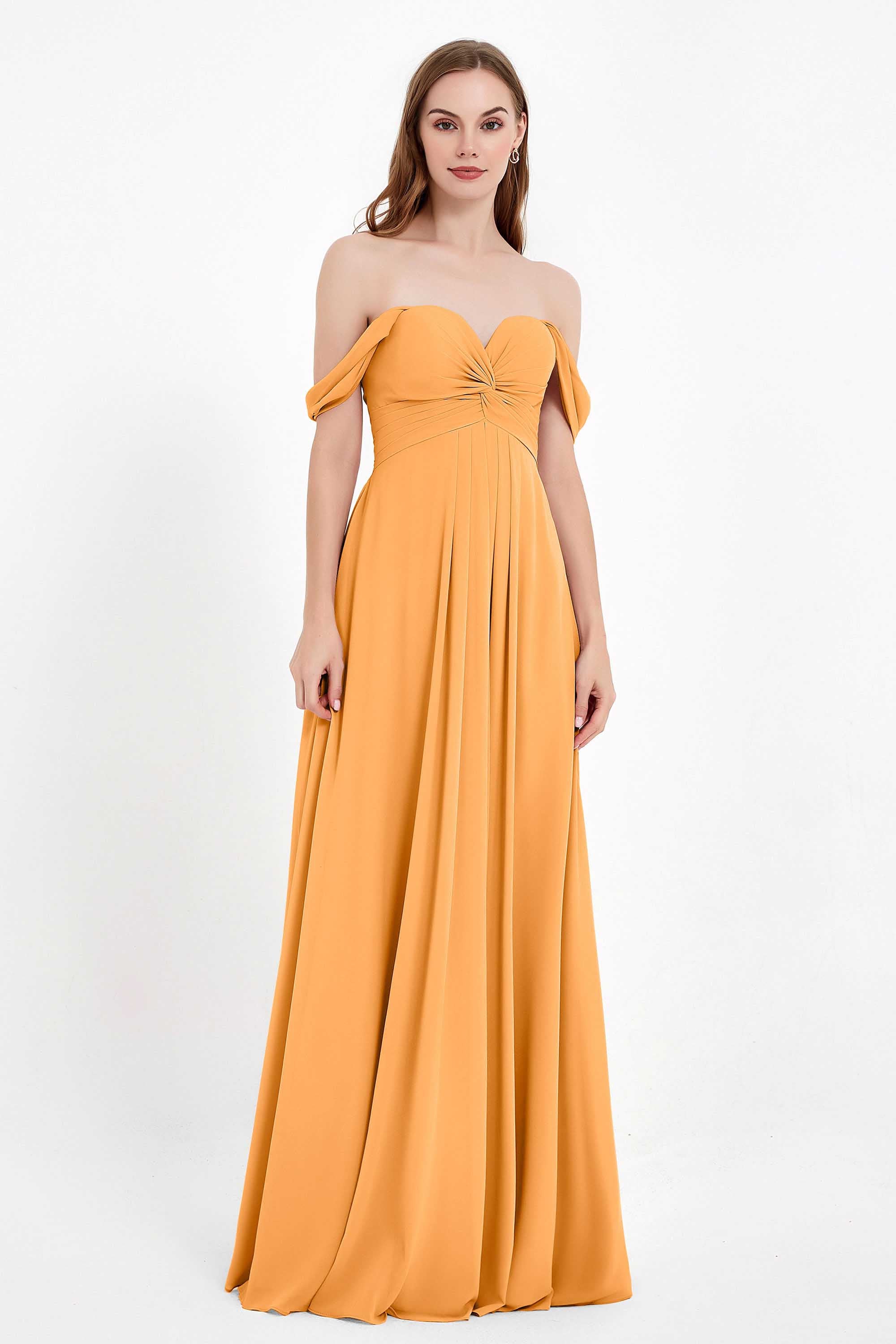 Off the Shoulder Chiffon Empire Bridesmaid Dress Pleated Ruched Long Formal Evening Gowns