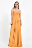 Off the Shoulder Chiffon Empire Bridesmaid Dress Pleated Ruched Long Formal Evening Gowns