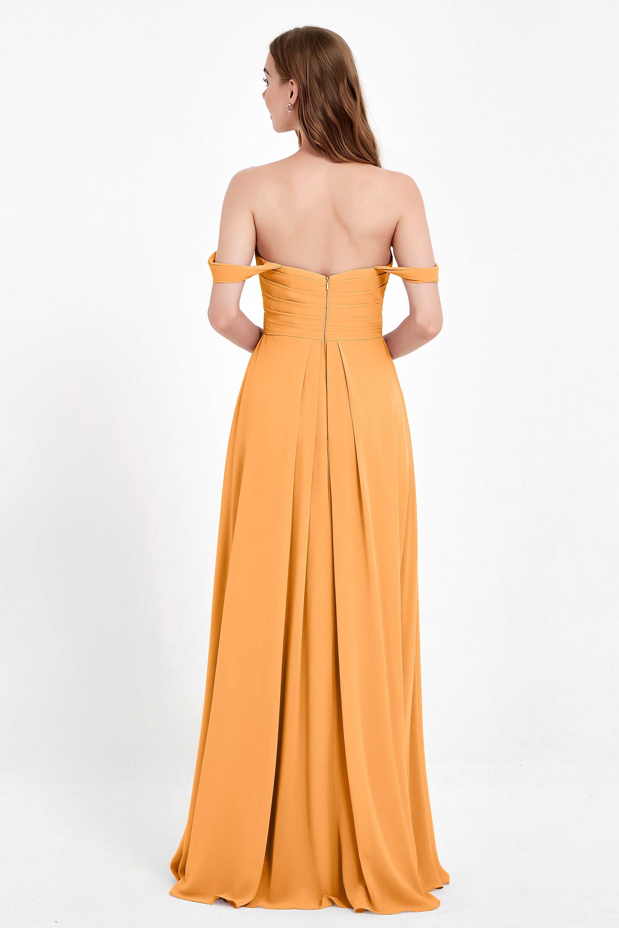 Off the Shoulder Chiffon Empire Bridesmaid Dress Pleated Ruched Long Formal Evening Gowns