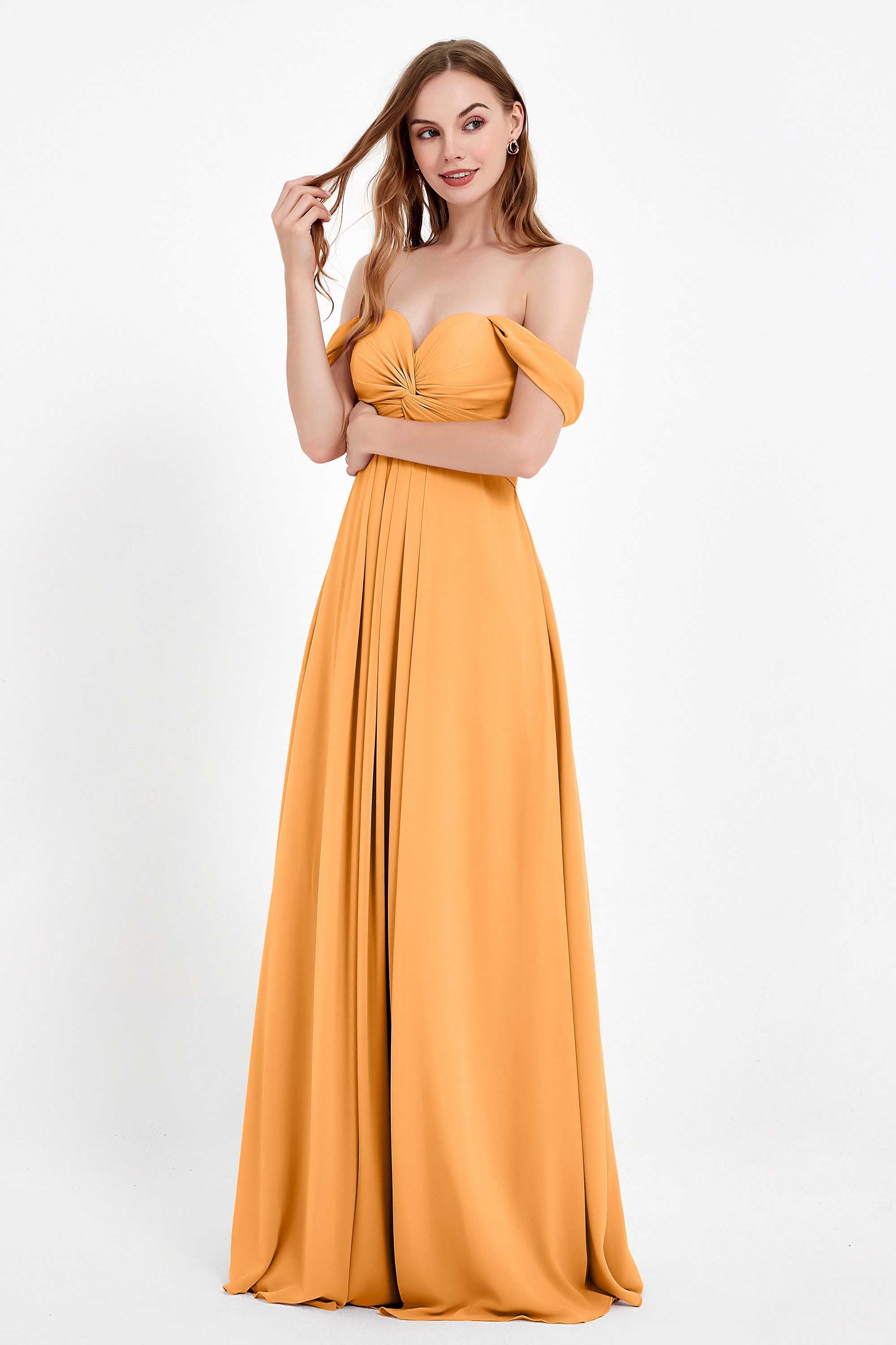 Off the Shoulder Chiffon Empire Bridesmaid Dress Pleated Ruched Long Formal Evening Gowns