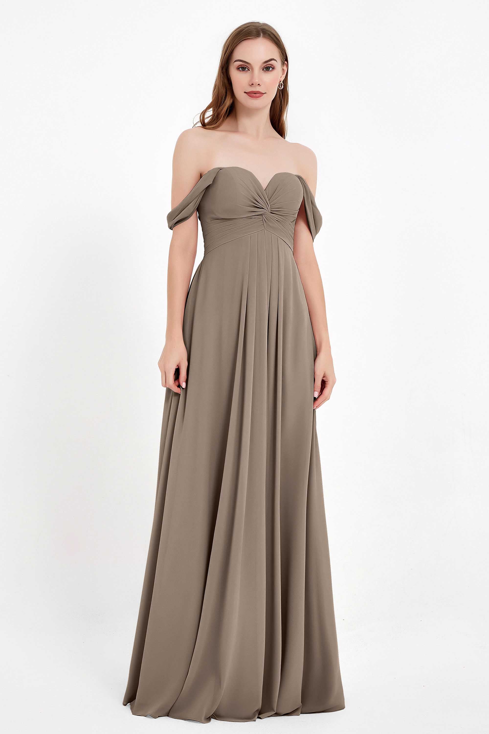 Off the Shoulder Chiffon Empire Bridesmaid Dress Pleated Ruched Long Formal Evening Gowns