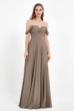 Off the Shoulder Chiffon Empire Bridesmaid Dress Pleated Ruched Long Formal Evening Gowns