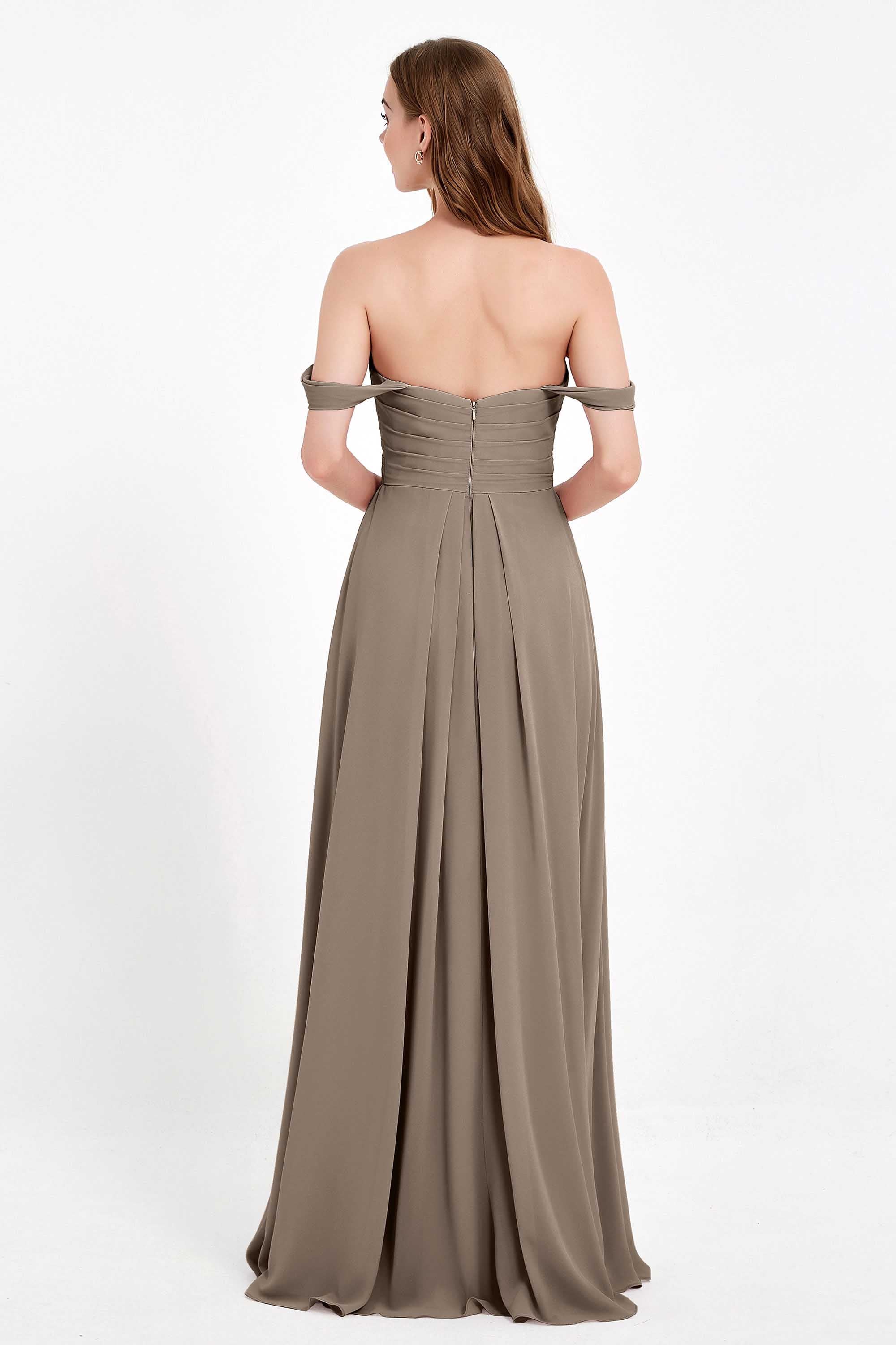 Off the Shoulder Chiffon Empire Bridesmaid Dress Pleated Ruched Long Formal Evening Gowns