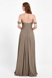 Off the Shoulder Chiffon Empire Bridesmaid Dress Pleated Ruched Long Formal Evening Gowns