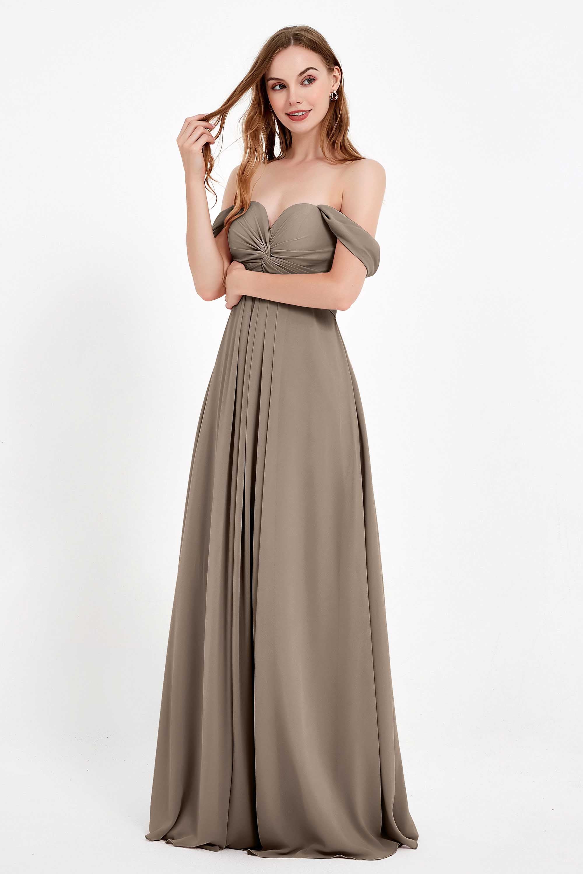 Off the Shoulder Chiffon Empire Bridesmaid Dress Pleated Ruched Long Formal Evening Gowns