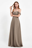 Off the Shoulder Chiffon Empire Bridesmaid Dress Pleated Ruched Long Formal Evening Gowns