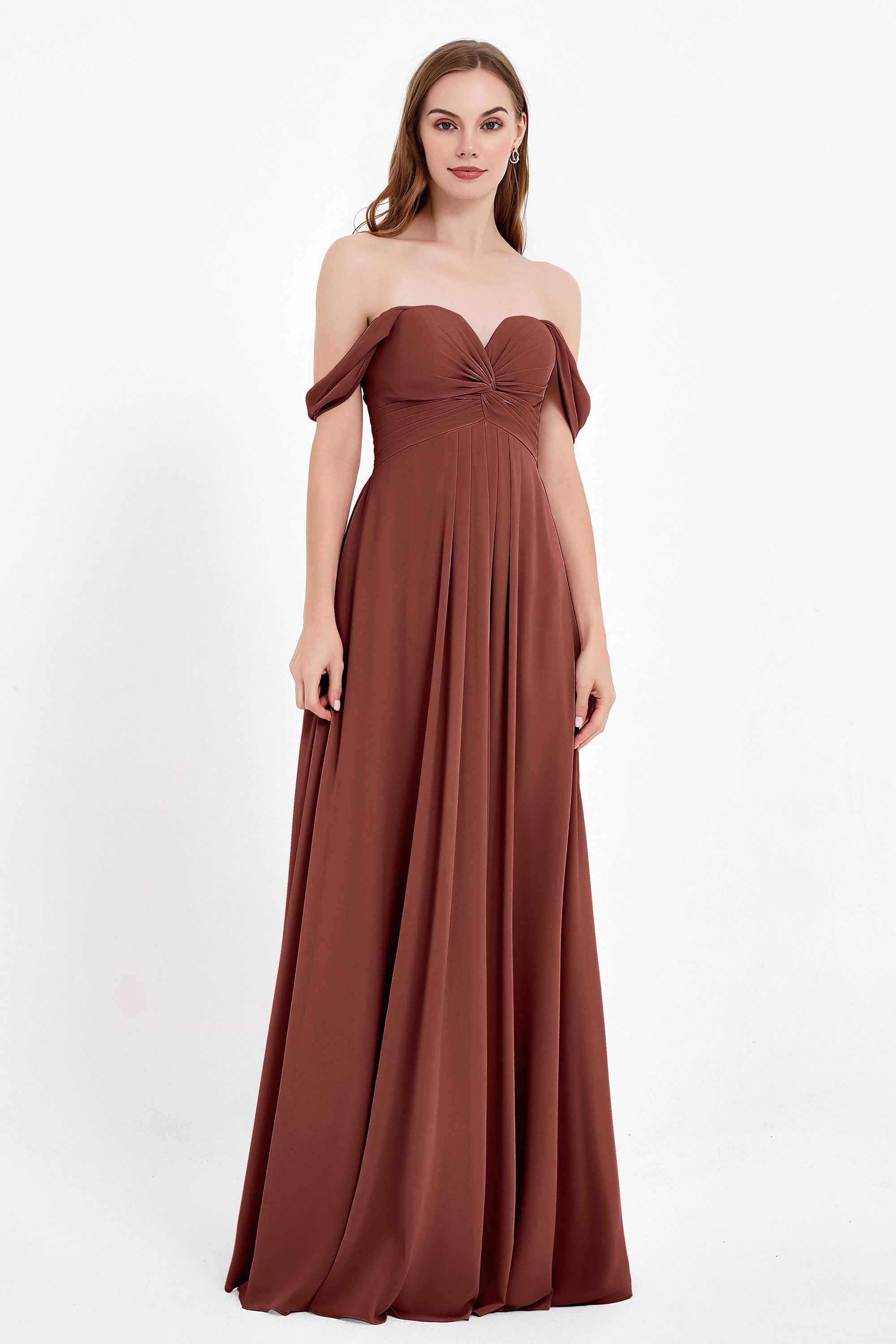 Off the Shoulder Chiffon Empire Bridesmaid Dress Pleated Ruched Long Formal Evening Gowns