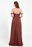 Off the Shoulder Chiffon Empire Bridesmaid Dress Pleated Ruched Long Formal Evening Gowns