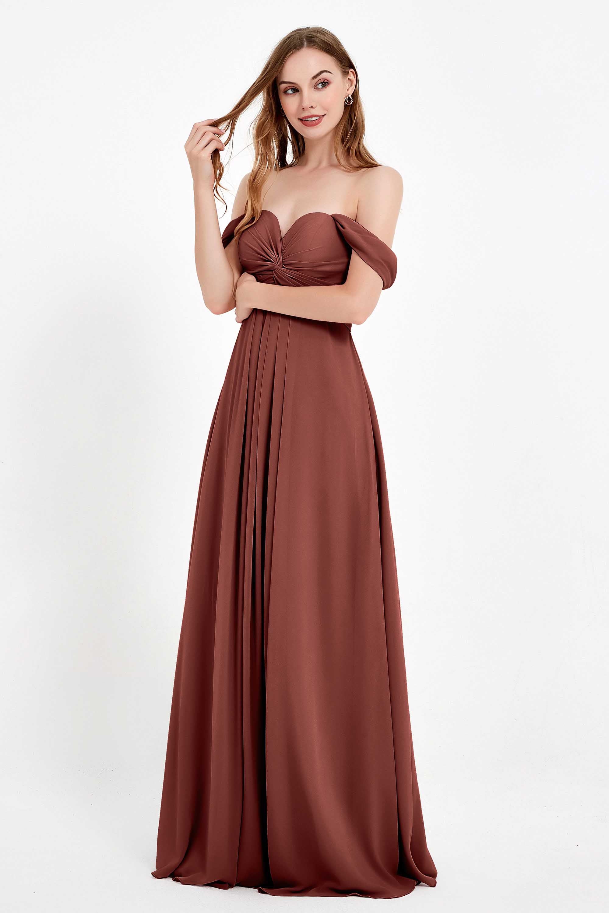 Off the Shoulder Chiffon Empire Bridesmaid Dress Pleated Ruched Long Formal Evening Gowns