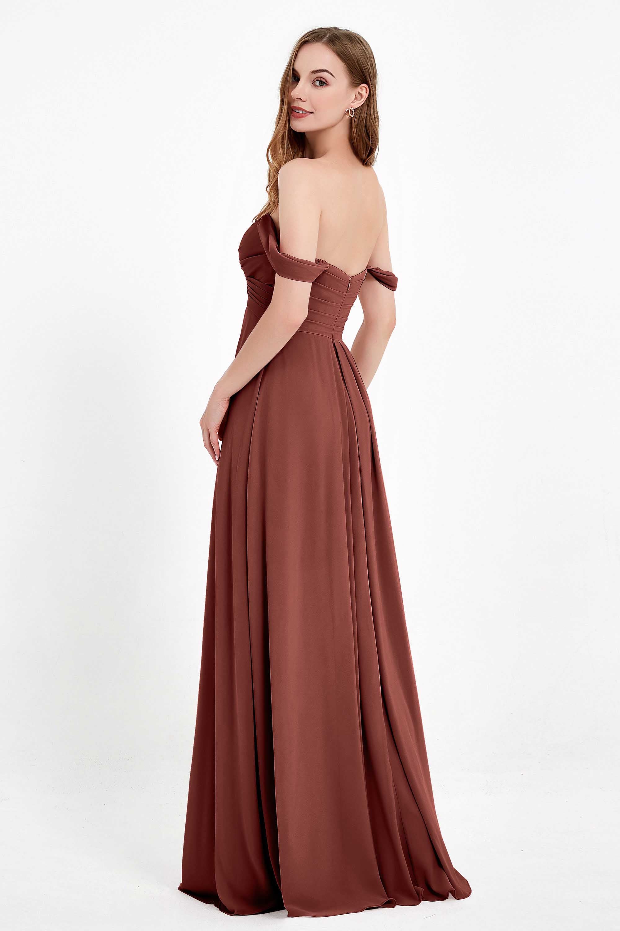 Off the Shoulder Chiffon Empire Bridesmaid Dress Pleated Ruched Long Formal Evening Gowns
