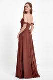Off the Shoulder Chiffon Empire Bridesmaid Dress Pleated Ruched Long Formal Evening Gowns