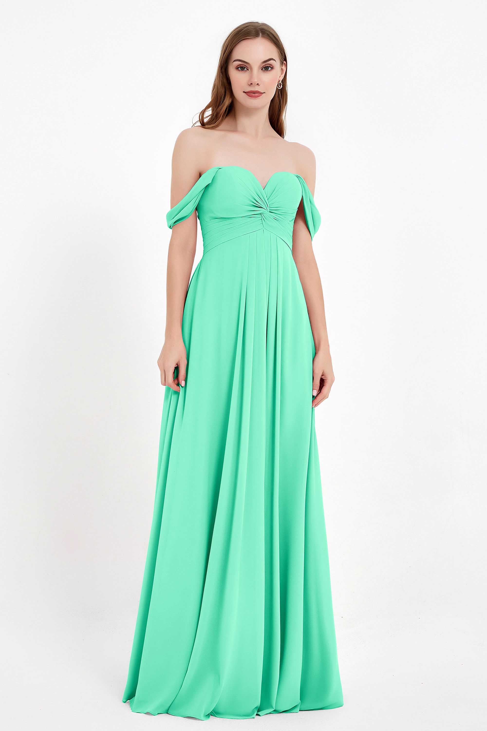 Off the Shoulder Chiffon Empire Bridesmaid Dress Pleated Ruched Long Formal Evening Gowns