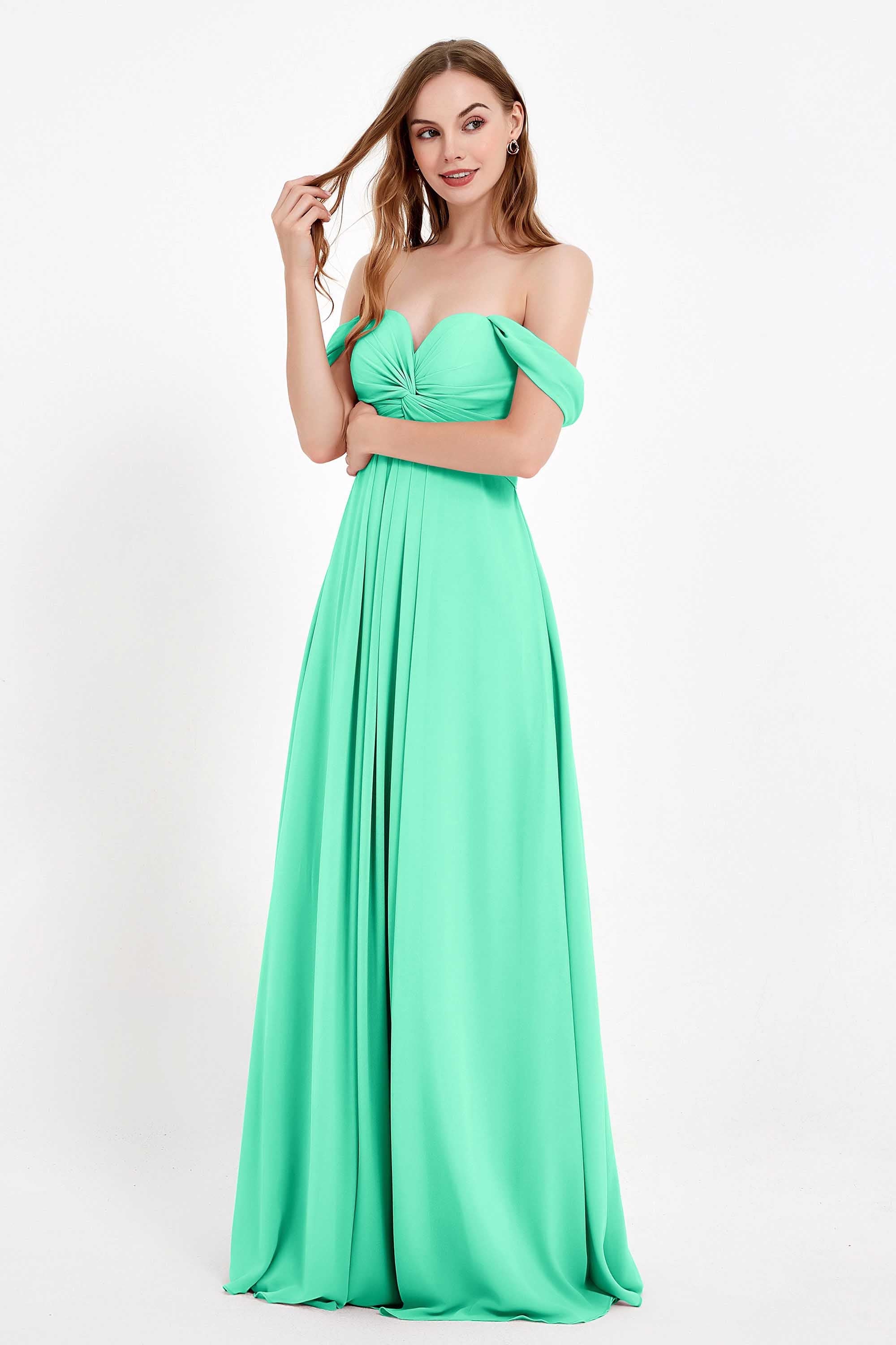 Off the Shoulder Chiffon Empire Bridesmaid Dress Pleated Ruched Long Formal Evening Gowns