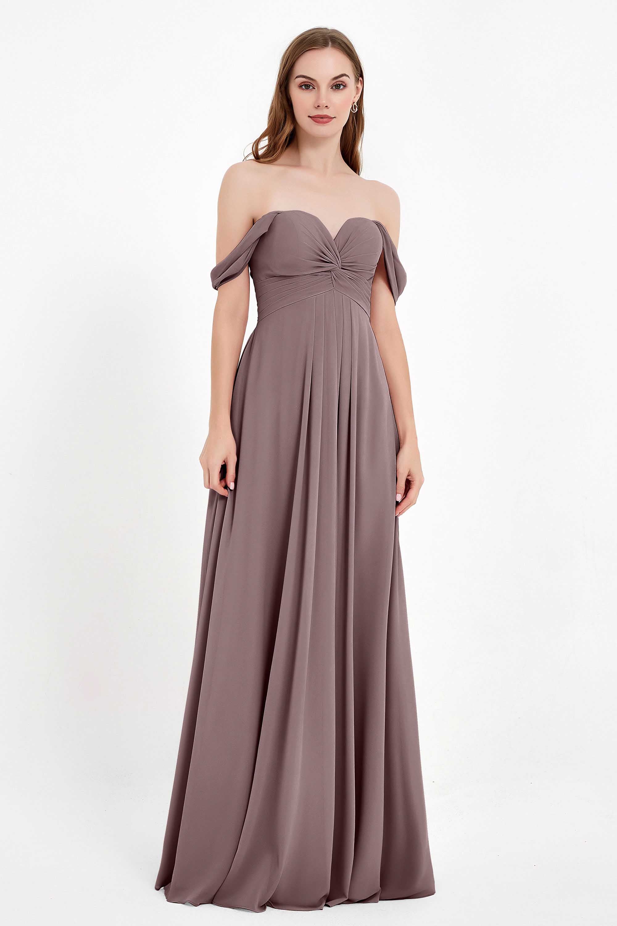 Off the Shoulder Chiffon Empire Bridesmaid Dress Pleated Ruched Long Formal Evening Gowns