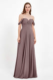 Off the Shoulder Chiffon Empire Bridesmaid Dress Pleated Ruched Long Formal Evening Gowns