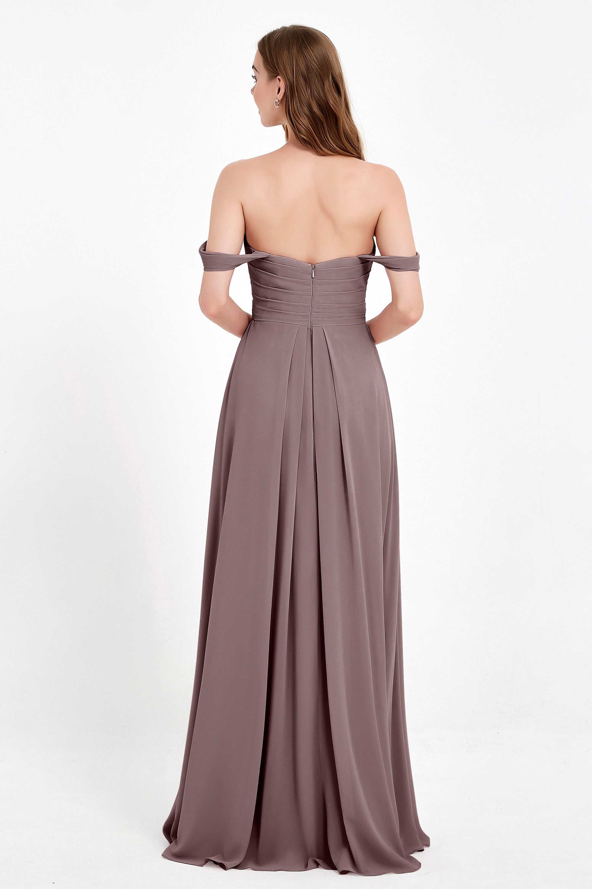 Off the Shoulder Chiffon Empire Bridesmaid Dress Pleated Ruched Long Formal Evening Gowns