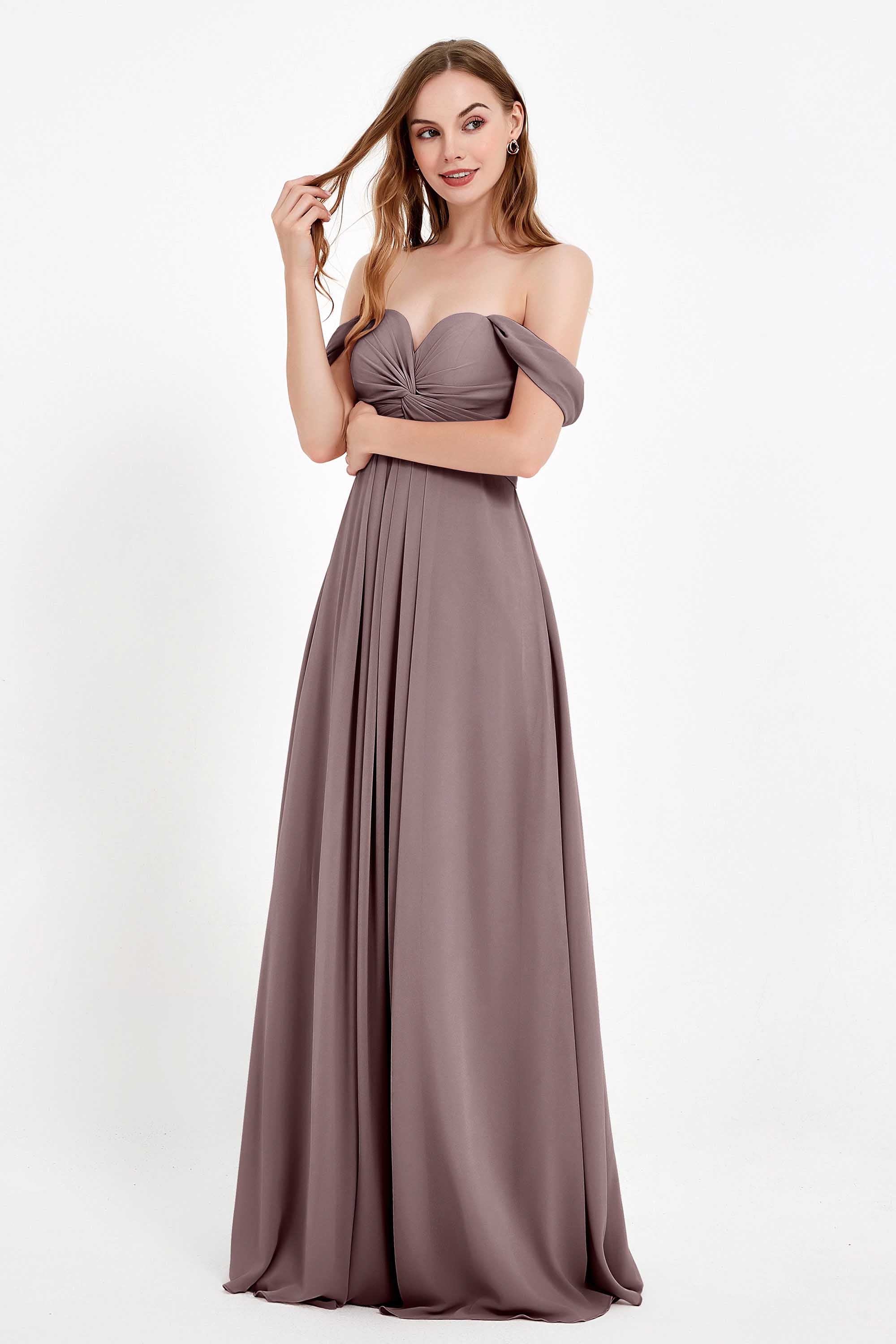 Off the Shoulder Chiffon Empire Bridesmaid Dress Pleated Ruched Long Formal Evening Gowns