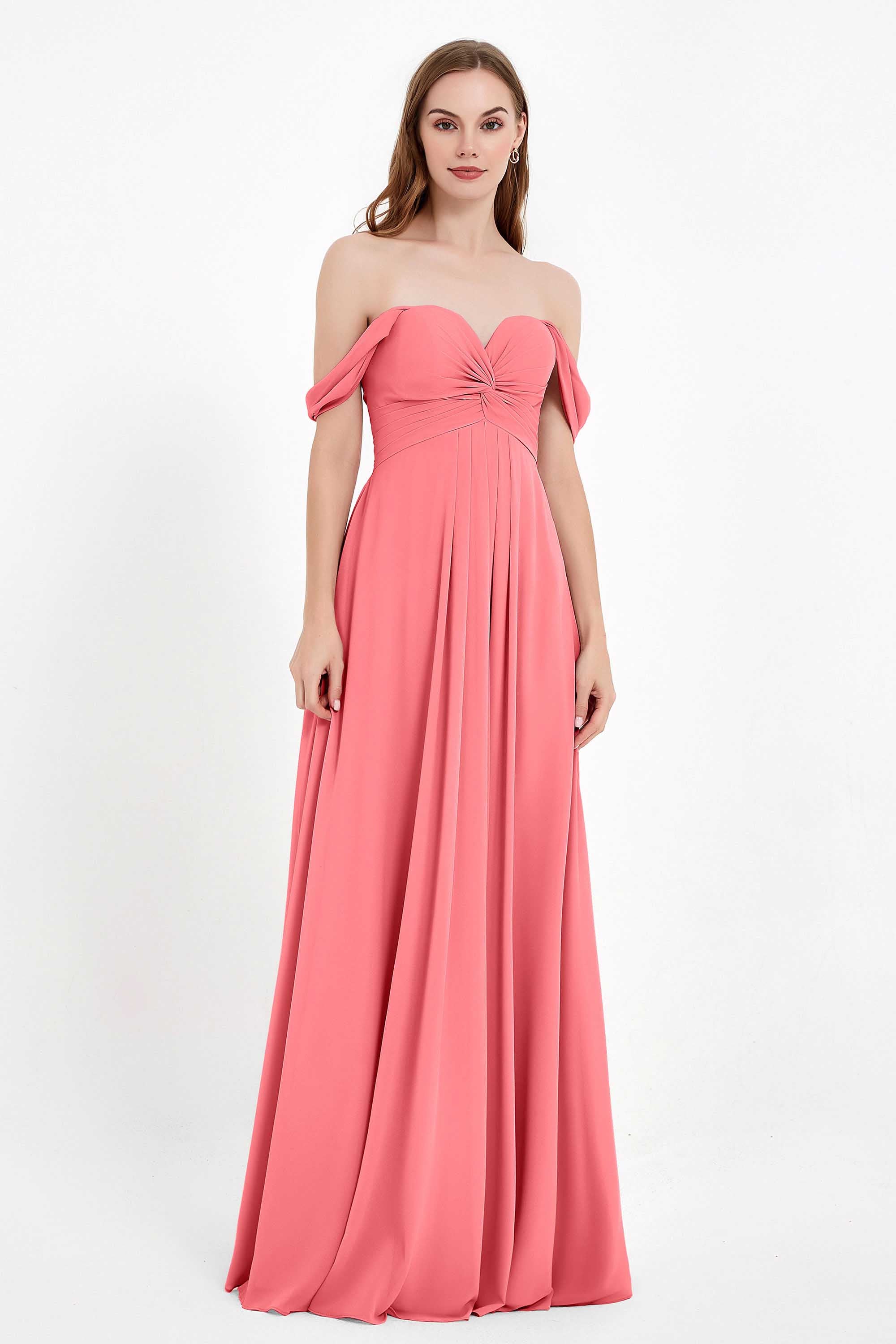 Off the Shoulder Chiffon Empire Bridesmaid Dress Pleated Ruched Long Formal Evening Gowns