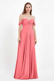 Off the Shoulder Chiffon Empire Bridesmaid Dress Pleated Ruched Long Formal Evening Gowns