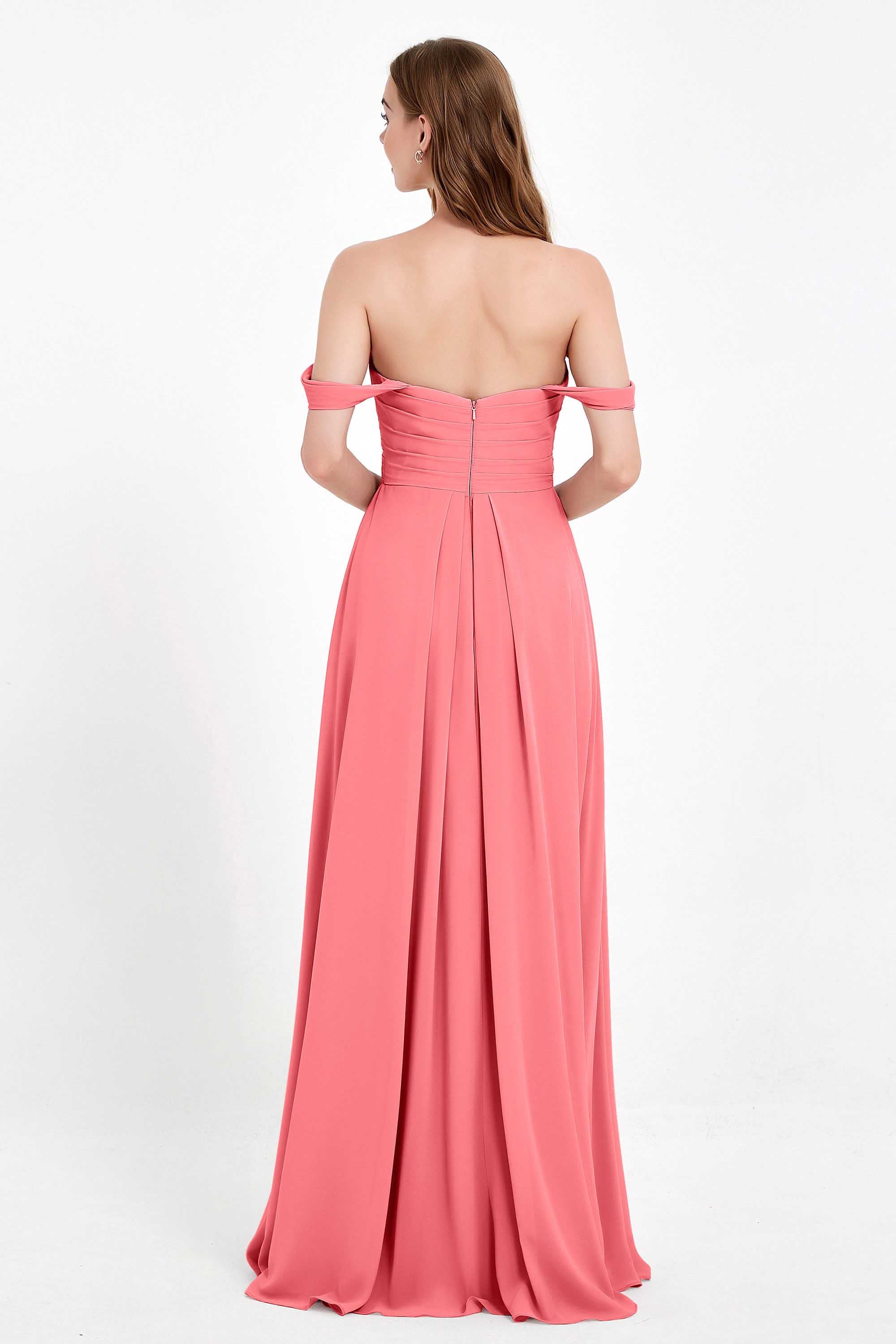 Off the Shoulder Chiffon Empire Bridesmaid Dress Pleated Ruched Long Formal Evening Gowns