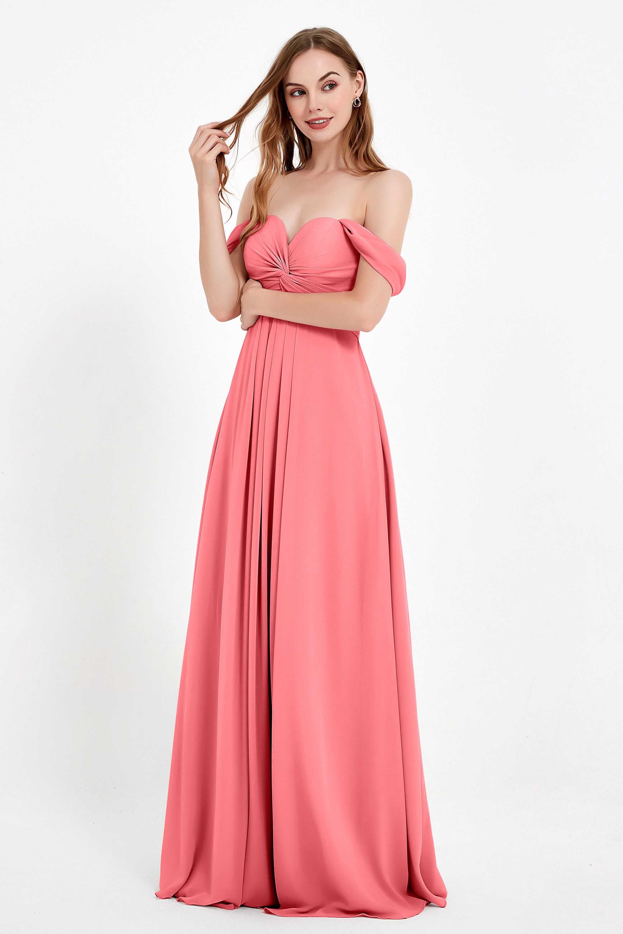 Off the Shoulder Chiffon Empire Bridesmaid Dress Pleated Ruched Long Formal Evening Gowns