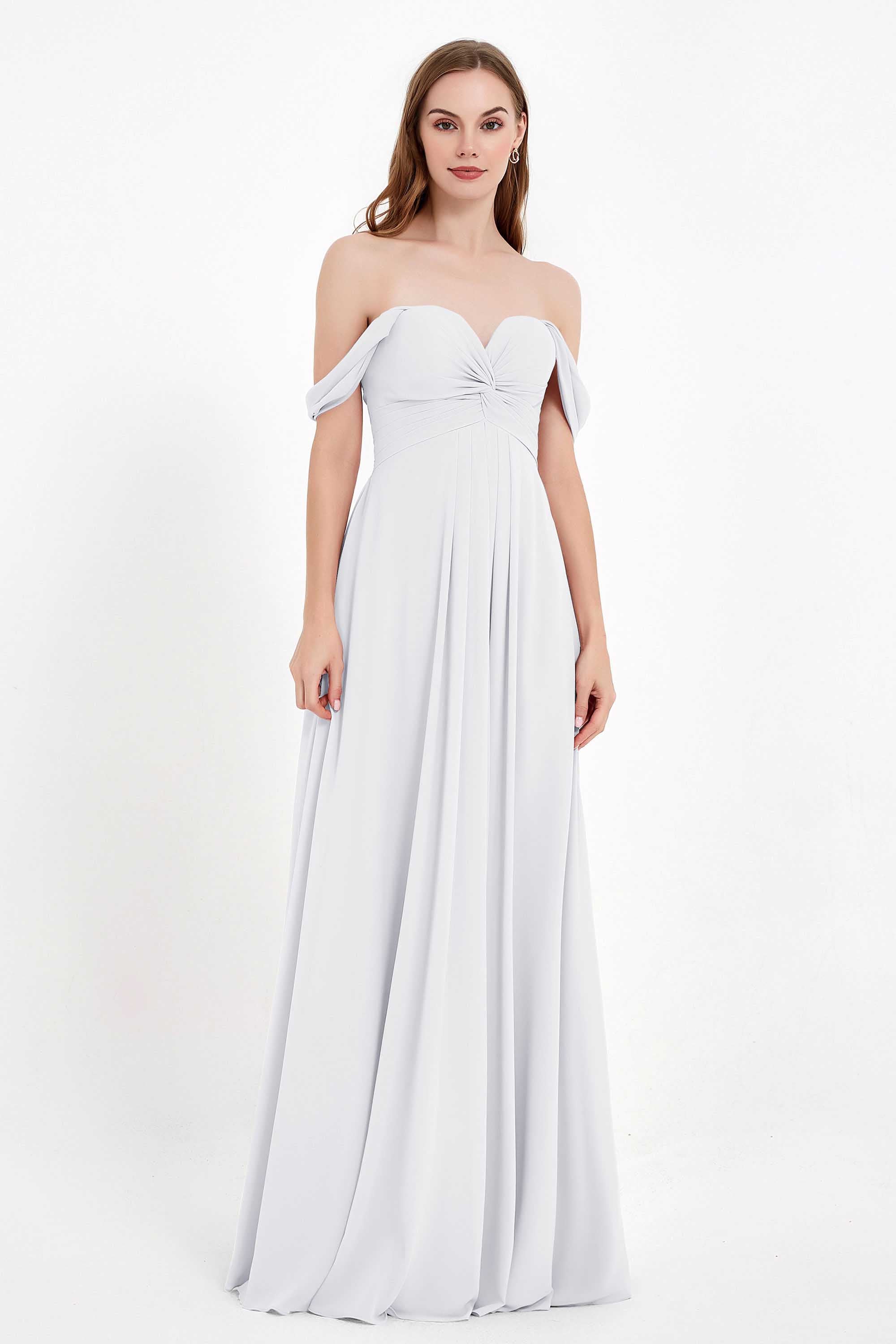 Off the Shoulder Chiffon Empire Bridesmaid Dress Pleated Ruched Long Formal Evening Gowns