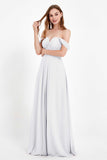 Off the Shoulder Chiffon Empire Bridesmaid Dress Pleated Ruched Long Formal Evening Gowns