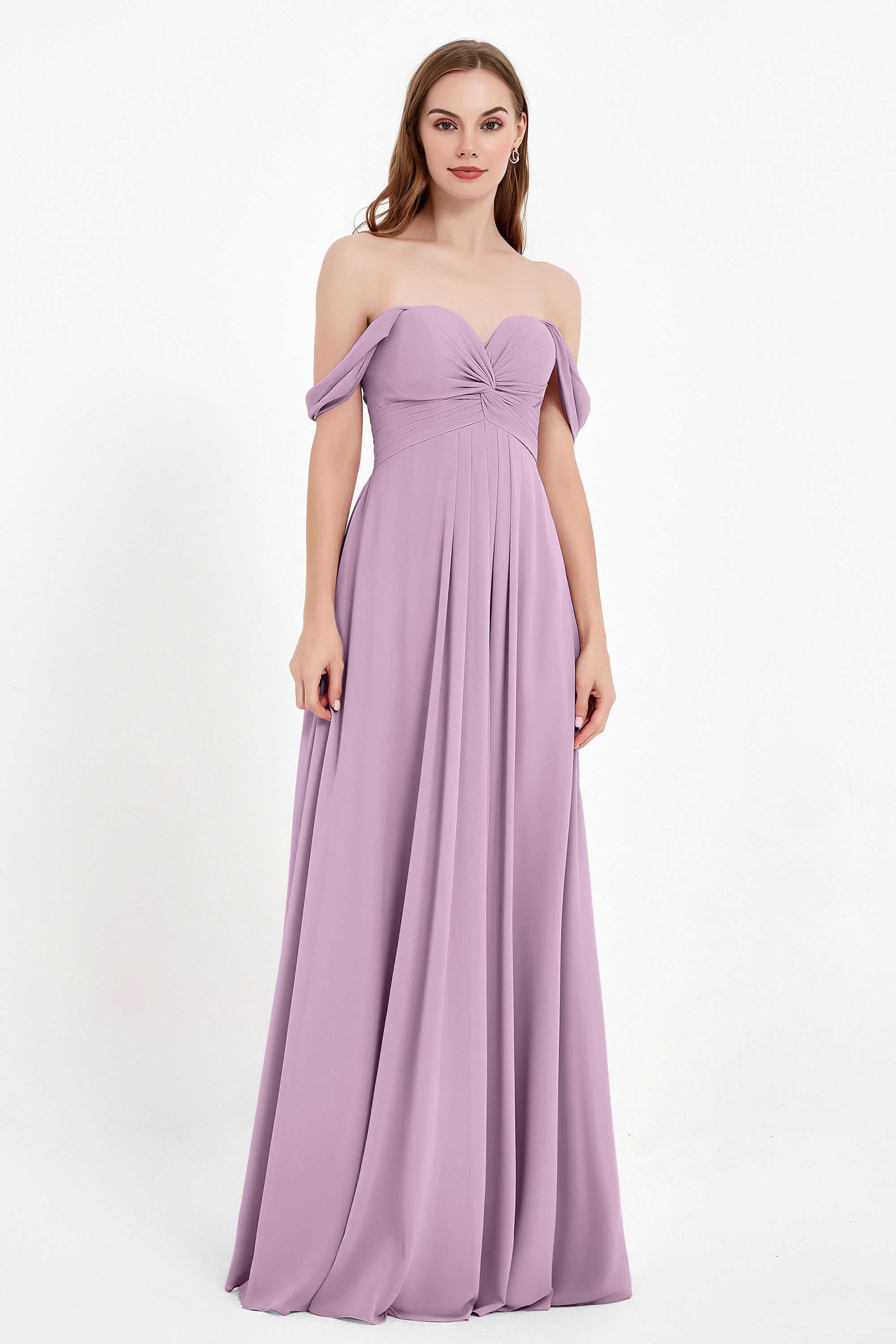 Off the Shoulder Chiffon Empire Bridesmaid Dress Pleated Ruched Long Formal Evening Gowns