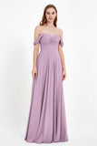 Off the Shoulder Chiffon Empire Bridesmaid Dress Pleated Ruched Long Formal Evening Gowns