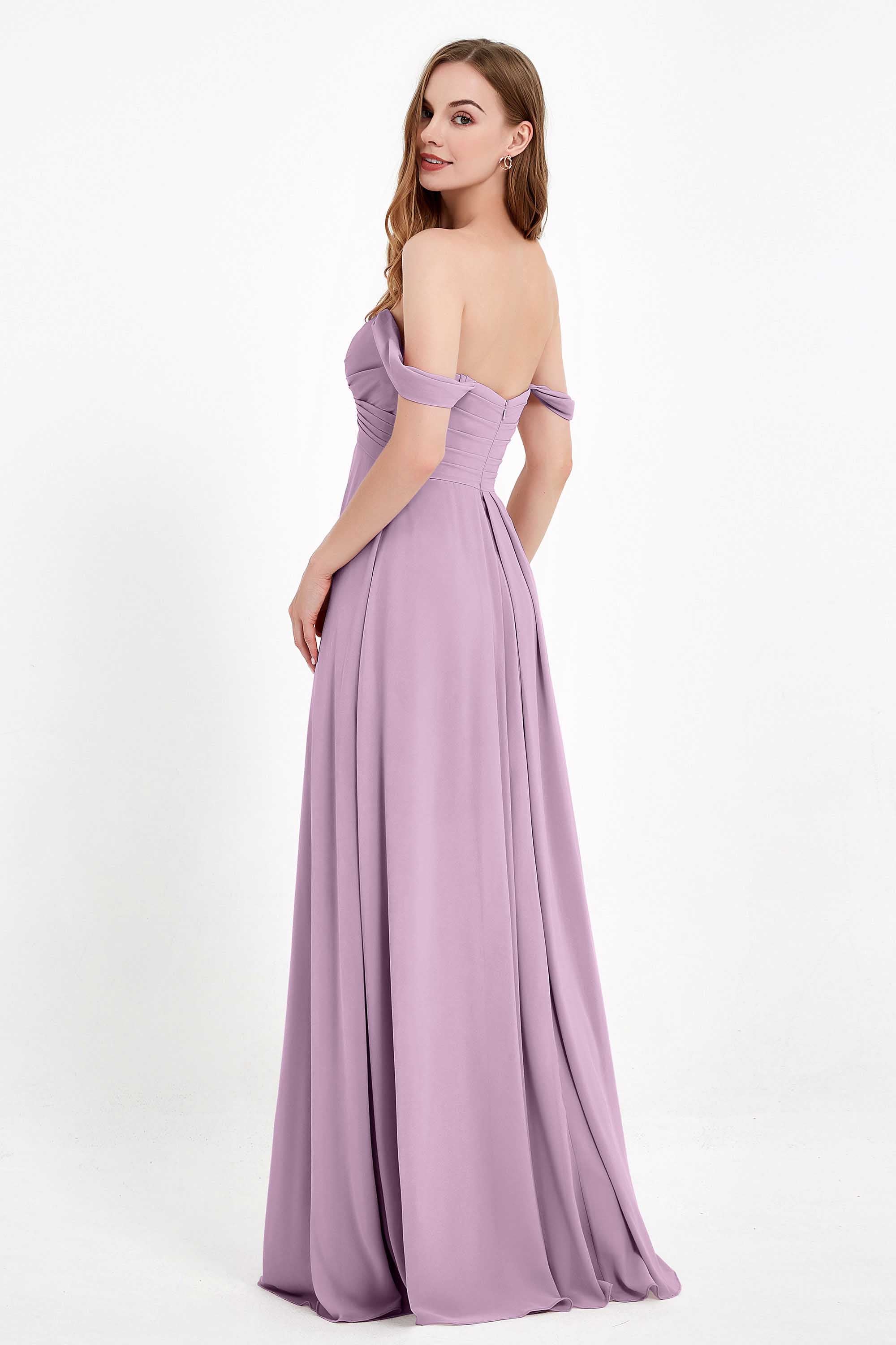 Off the Shoulder Chiffon Empire Bridesmaid Dress Pleated Ruched Long Formal Evening Gowns