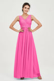 V Neck Natural Chiffon Bridesmaid Dress with Ruched Pleated Formal Evening Dresses Gowns