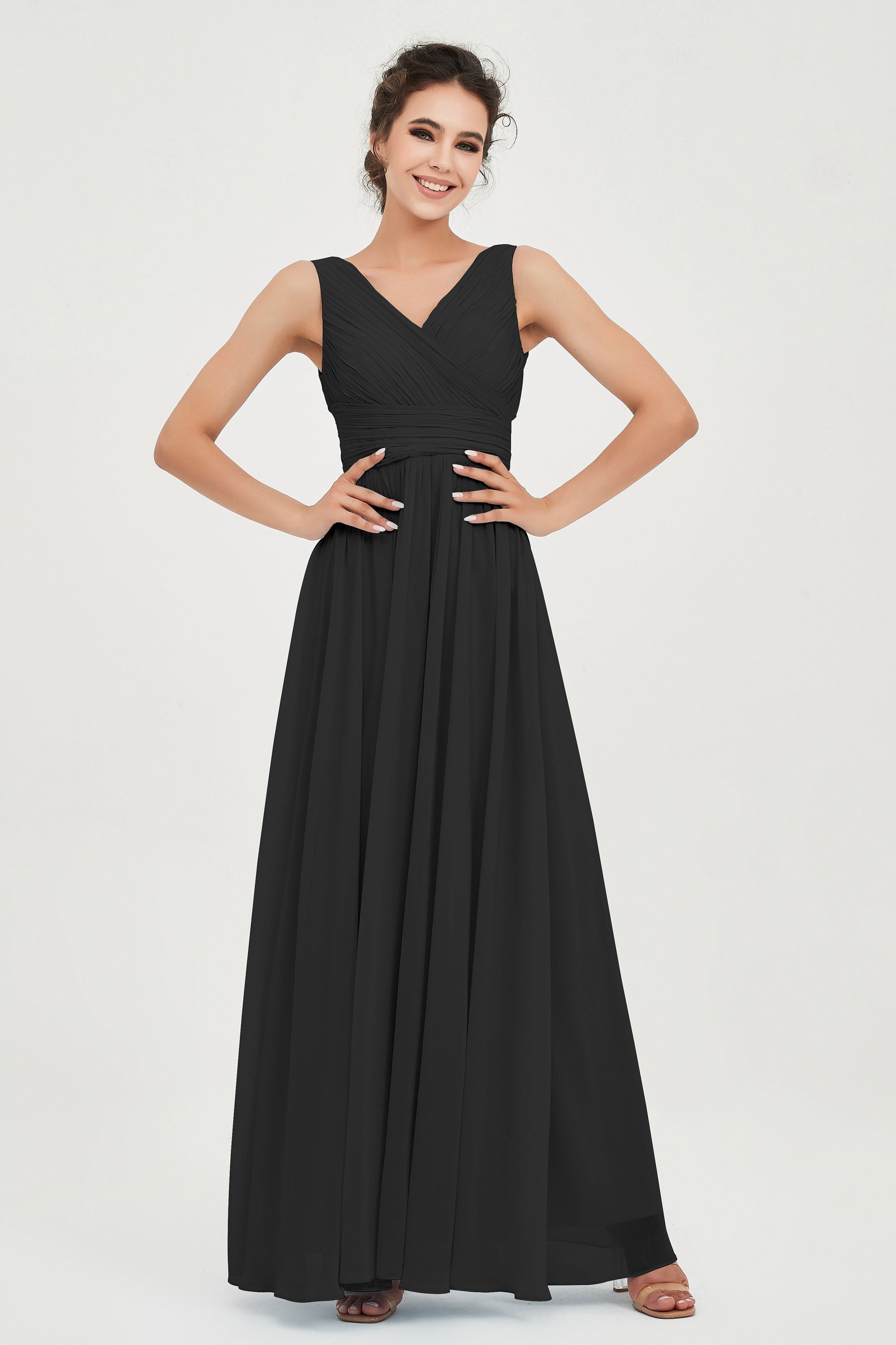 V Neck Natural Chiffon Bridesmaid Dress with Ruched Pleated Formal Evening Dresses Gowns