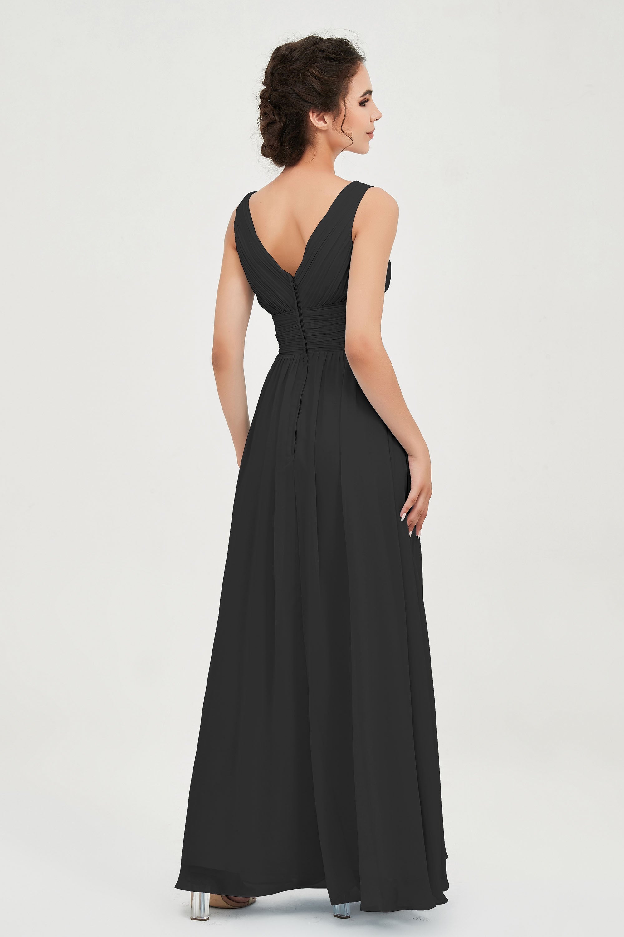 V Neck Natural Chiffon Bridesmaid Dress with Ruched Pleated Formal Evening Dresses Gowns