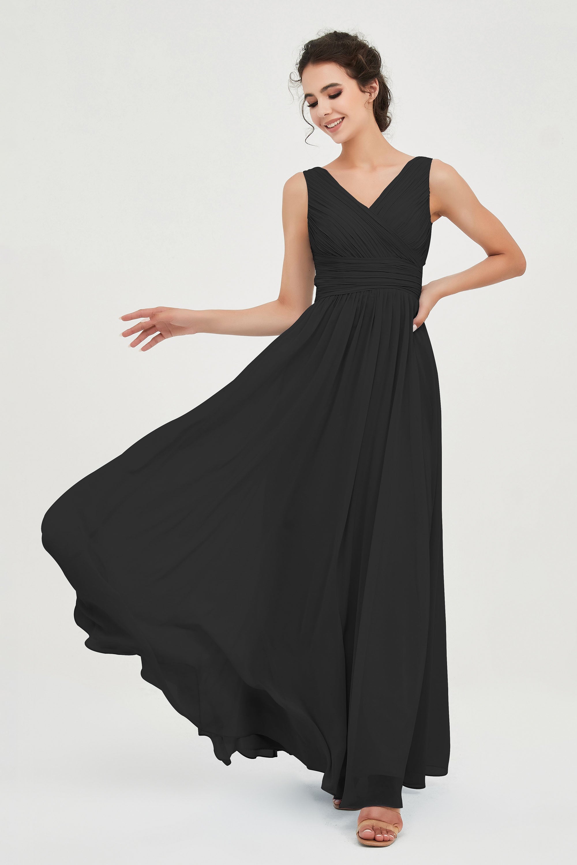 V Neck Natural Chiffon Bridesmaid Dress with Ruched Pleated Formal Evening Dresses Gowns
