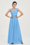 V Neck Natural Chiffon Bridesmaid Dress with Ruched Pleated Formal Evening Dresses Gowns