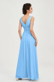 V Neck Natural Chiffon Bridesmaid Dress with Ruched Pleated Formal Evening Dresses Gowns