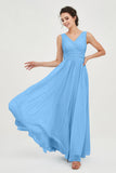 V Neck Natural Chiffon Bridesmaid Dress with Ruched Pleated Formal Evening Dresses Gowns