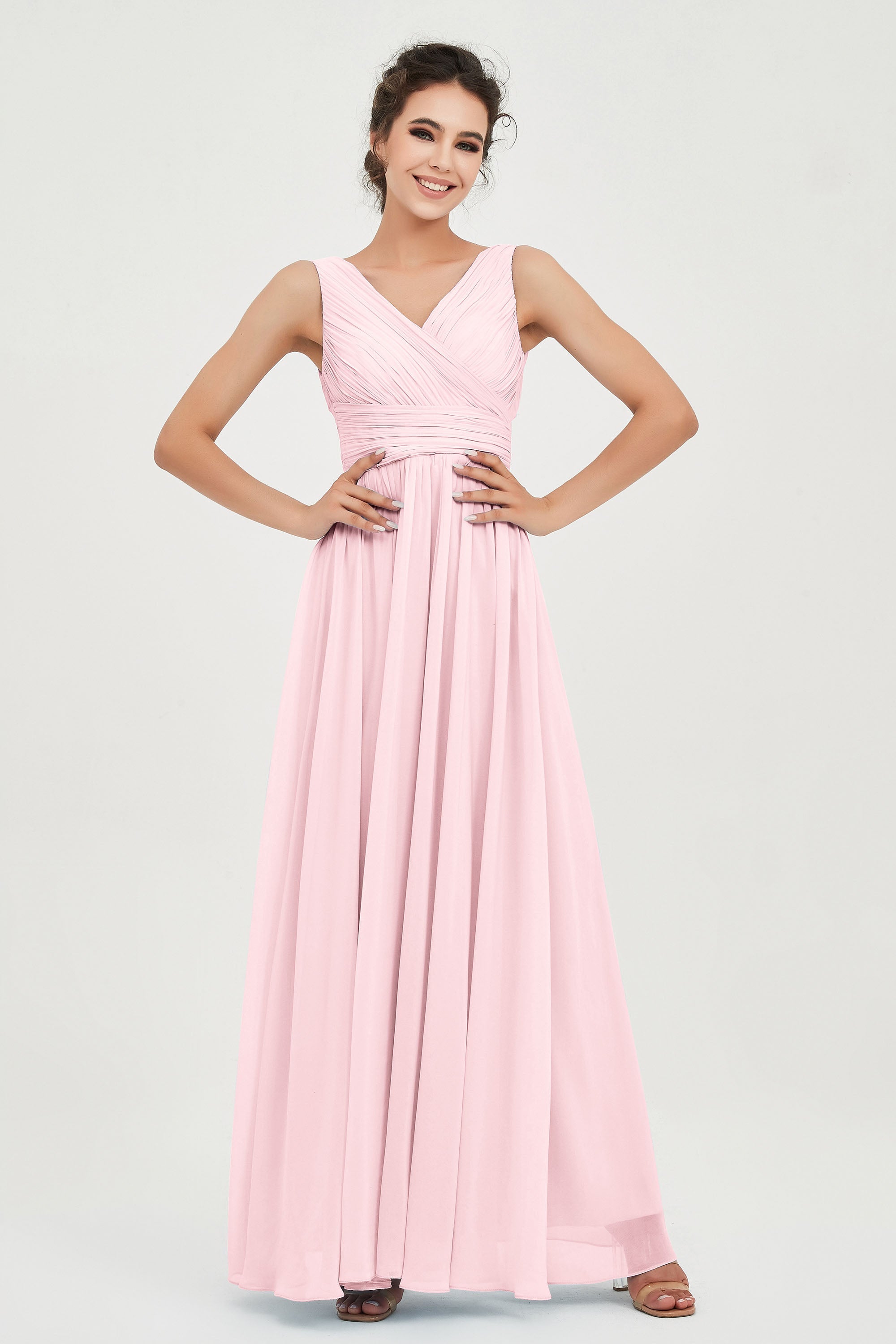 V Neck Natural Chiffon Bridesmaid Dress with Ruched Pleated Formal Evening Dresses Gowns