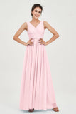 V Neck Natural Chiffon Bridesmaid Dress with Ruched Pleated Formal Evening Dresses Gowns