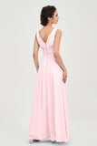 V Neck Natural Chiffon Bridesmaid Dress with Ruched Pleated Formal Evening Dresses Gowns