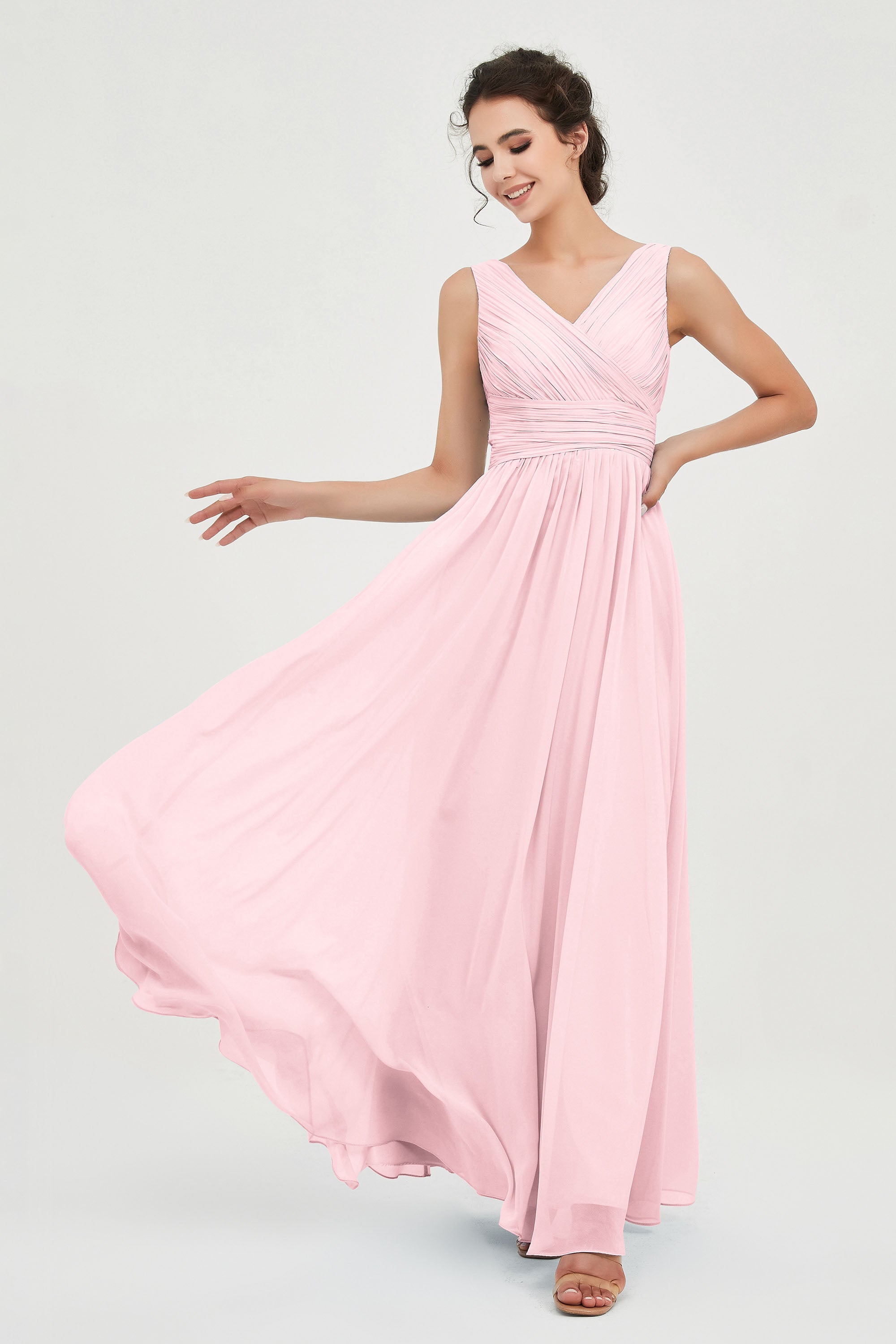 V Neck Natural Chiffon Bridesmaid Dress with Ruched Pleated Formal Evening Dresses Gowns