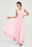 V Neck Natural Chiffon Bridesmaid Dress with Ruched Pleated Formal Evening Dresses Gowns