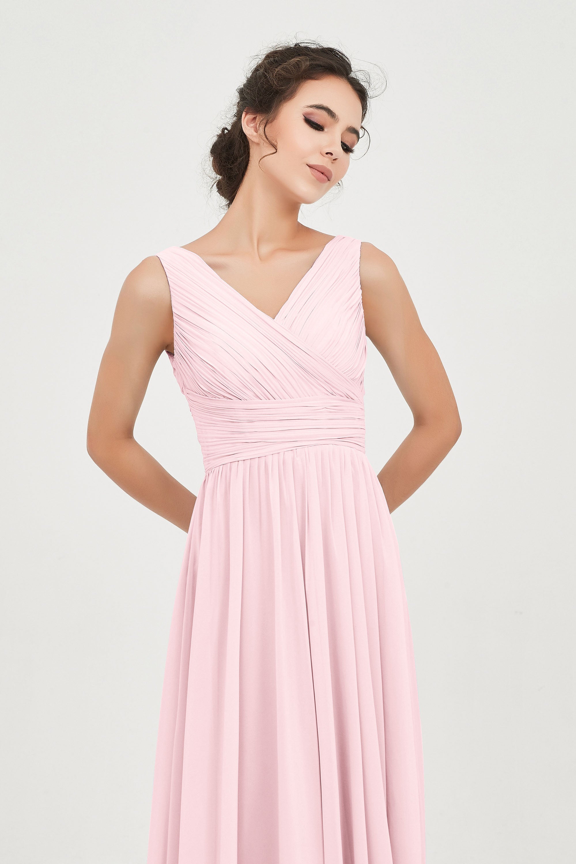 V Neck Natural Chiffon Bridesmaid Dress with Ruched Pleated Formal Evening Dresses Gowns